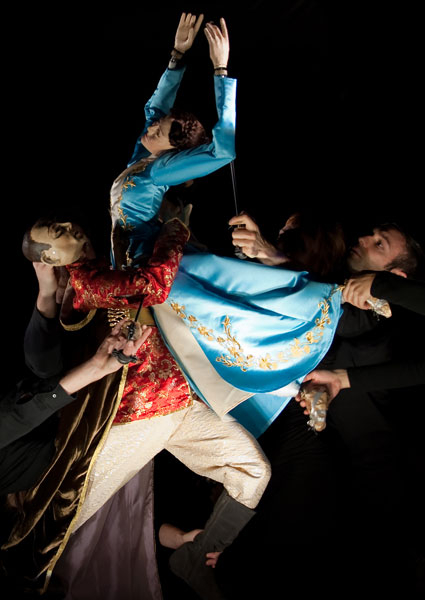 Puppeteers performing a scene from The Little Orchestra Society&#39;s production of Stravinsky&#39;s Firebird using Bunraku-style puppets.
