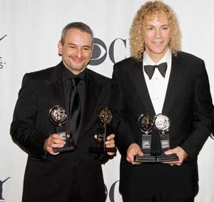 Joe DiPietro and David Bryan with their Tony Awards for Memphis.