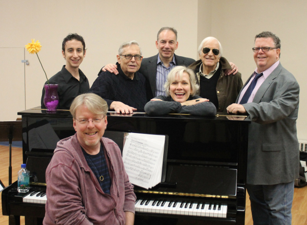 The company of Love, Linda: The Life of Mrs. Cole Porter:  Christopher McGovern (seated, music director); standing: Danny Weller (bass), Richard Maltby Jr. (director),  Andrew Levine (York Executive Director), Stevie Holland, Gary William Friedman (book/arrangements), and James Morgan (York Producing Artistic Director).