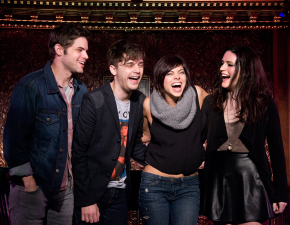 Hit List stars Jeremy Jordan, Andy Mientus, Krysta Rodriguez, and Carrie Manolakos share a laugh.