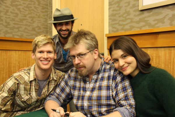 Show creator Dave Malloy (center) poses with his stars Lucas Steele (left), Phillipa Soo (right), and musical director Or Matias (rear).