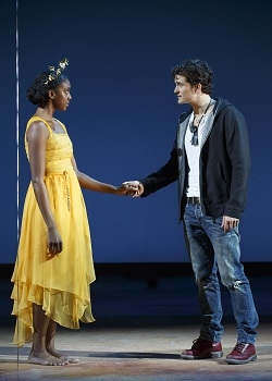 Condola Rashad as Juliet and Orlando Bloom as Romeo in the 2013 Broadway revival of Romeo and Juliet, directed by David Leveaux at the Richard Rodgers Theatre.