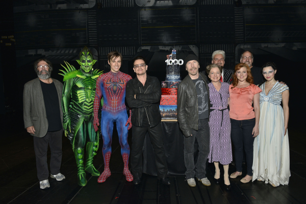 Michael Cohl, Robert Cuccioli, Reeve Carney, Bono, The Edge, Isabel Keating, Michael Mulheren, Rebecca Faulkenberry, and Christina DeCirco at the 1,000th-performance celebration of Spider-Man Turn Off The Dark.