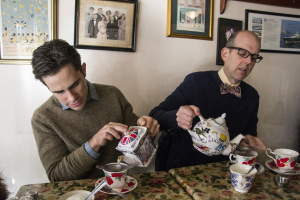 Murder for Two&#39;s Brett Ryback and Jeff Blumenkrantz pour cups of tea at Tea and Sympathy.