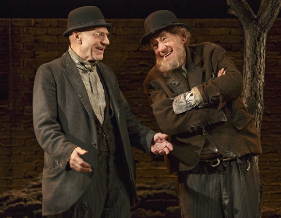 Patrick Stewart as Vladimir and Ian McKellen as Estragon in the Broadway revival of Samuel Beckett&#39;s Waiting for Godot.