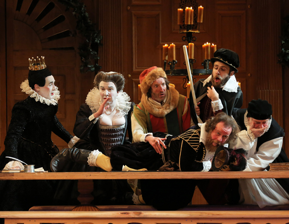 Mark Rylance as Olivia, Paul Chahidi as Maria, Peter Hamilton Dyer as Feste, Matt Harrington as Olivia&#39;s Servant, Terry McGinity as Priest, and Colin Hurley as Sir Toby Belch in Twelfth Night at the Belasco Theatre.