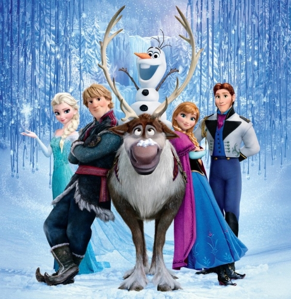 The Broadway-bound characters of Frozen (L to R): Elsa, Kristoff, Sven, Olaf, Anna, and Hans.