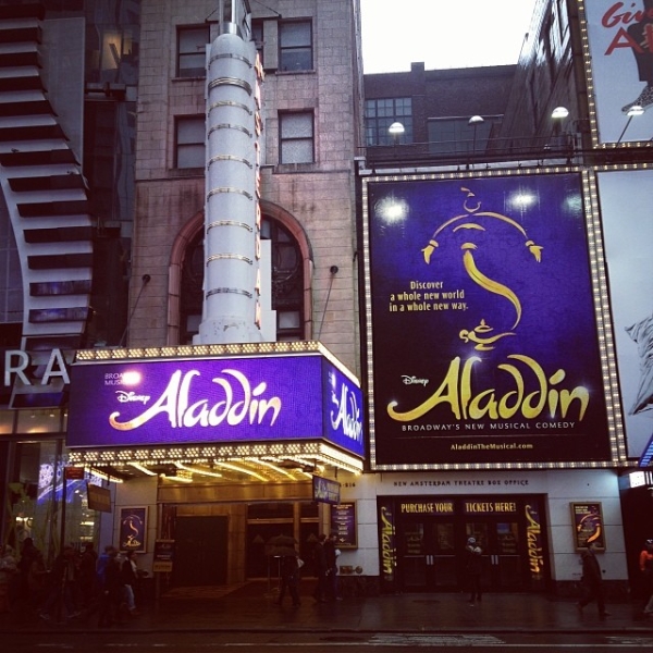 Broadway&#39;s New Amsterdam Theatre decked out with its Aladdin signage.