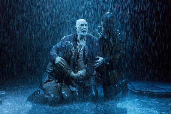 Iit raineth every day on Harry Melling, Frank Langella, and Steven Pacey in King Lear at BAM.