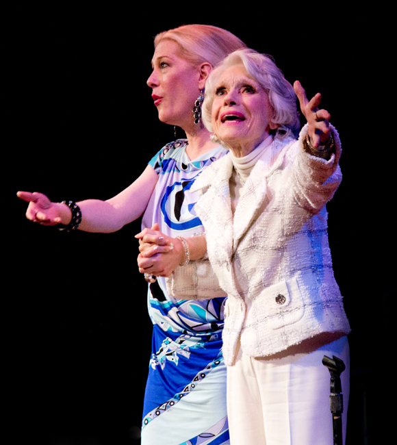 Justin Vivian Bond and Carol Channing strike a theatrical pose onstage at The Town Hall.