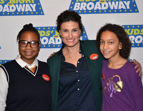 A pair of campers from A Broader Way, a nonprofit arts camp founded by Idina Menzel and Taye Diggs, joined Menzel to celebrate the camp&#39;s partnership with Kids&#39; Night on Broadway.