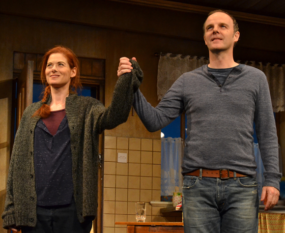 Debra Messing and Brían F. O&#39;Byrne take their curtain call on the opening night of Outside Mullingar at the Samuel J. Friedman Theatre.