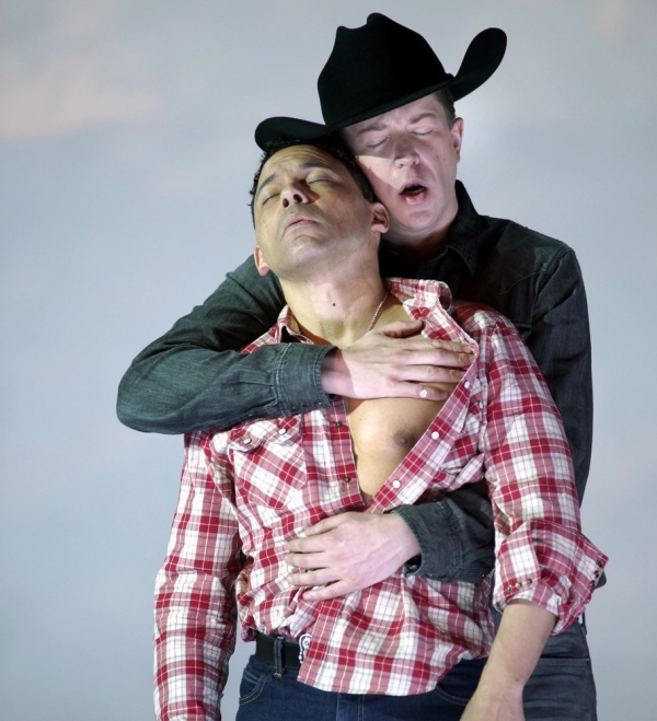 Jack Twist (Tom Randle) and Ennis del Mar (Daniel Okulitch) sing a longing duet in the opera Brokeback Mountain, which receives its world premiere at Madrid's Teatro Real. 
