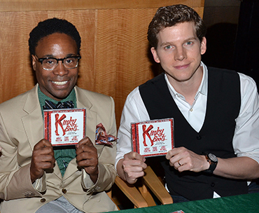 Newly-crowned Grammy winners Billy Porter and Stark Sands show off their copies of the Kinky Boots Original Broadway Cast Recording.