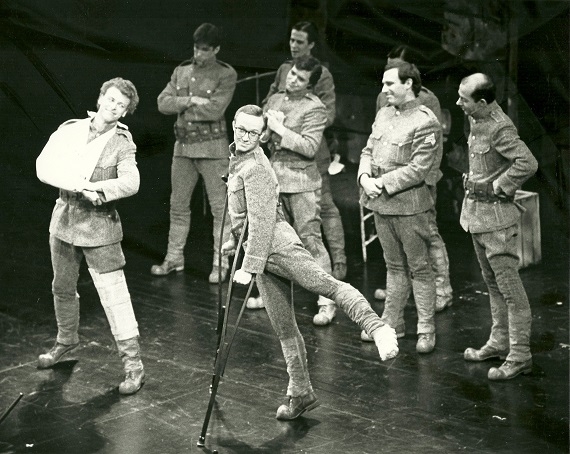 Men of the 1982 Broadway revival of Little Me: Kevin Winkler (center), Mark McGrath (far left). Second row (l-r): Michael Blevins, Stephen Berger, Bob Freschi; back row (l-r): James Brennan, Brian Quinn, David Cahn (hidden).