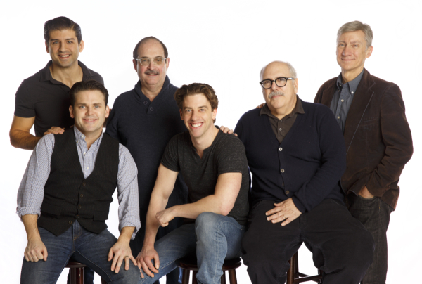Men of the 2014 City Center Encores! revival of Little Me: Tony Yazbeck, Robert Creighton, Lewis J. Stadlen,  Christian Borle, Lee Wilkof, and David Garrison.