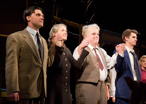 Finn Wittrock, Linda Emond, Philip Seymour Hoffman, and Andrew Garfield take their curtain call on the opening night of Broadway&#39;s Death of a Salesman in March 2012.