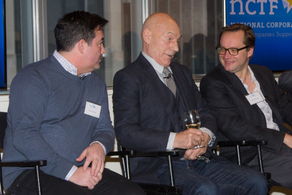 Duncan Sheik (left) and Michael Riedel (right) look on as Sir Patrick Stewart contributes to the panel discussion.