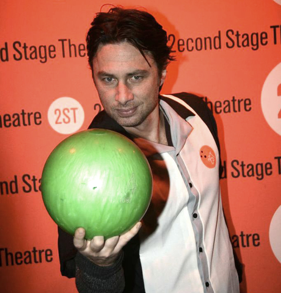 Bullets Over Broadway star Zach Braff has his game face on at Second Stage Theater&#39;s annual bowling tournament.