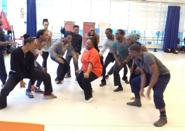 Melody Betts and the cast of Witness Uganda, a musical directed by Diane Paulus, run a dance rehearsal before moving to the American Repertory Theater.