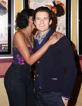 Condola Rashad and Orlando Bloom get cozy on the red carpet at Chelsea Cinemas for the premiere of Screenvision and Broadway&#39;s stage-to-cinema showing of Broadway&#39;s Romeo and Juliet.