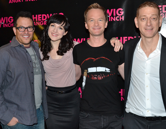 Director Michael Mayer (left) and producer David Binder (right) flank their stars, Lena Hall and Neil Patrick Harris.