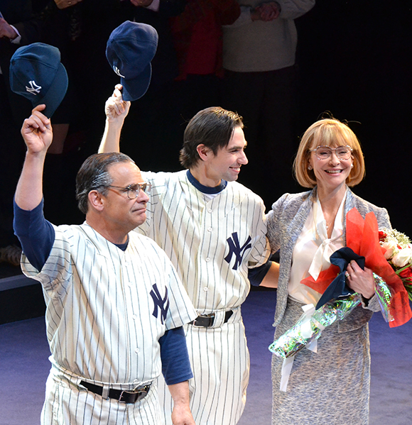 Peter Scolari, Keith Nobbs, and Tracy Shayne take their bows on the opening night of Bronx Bombers at the Circle in the Square Theatre.