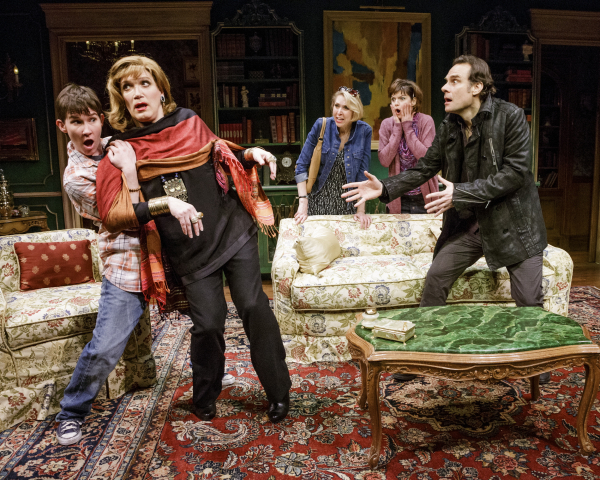 Keira Keeley, Charles Busch, Julie Halston, Mary Bacon, and Jonathan Walker in the Primary Stages production of The Tribute Artist at 59E59 Theaters.