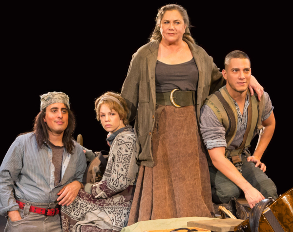 Nehal Joshi as Swiss Cheese, Erin Weaver as Kattrin, Kathleen Turner as Mother Courage, and Nicholas Rodriguez as Eilif in Mother Courage and Her Children at Arena Stage.