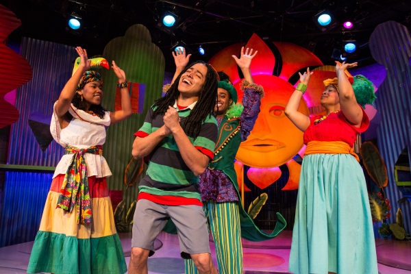 Jobari Parker-Namdar (front) as Ziggy, along with (from left) Tara Lynn Yates-Reeves, David Little, and Ayanna Hardy, in Bob Marley&#39;s Three Little Birds, directed by Nick Olcott, at the New Victory Theater.