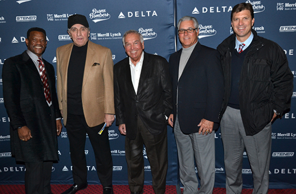 New York Yankees greats Rickey Henderson, Joe Pepitone, Bobby Richardson, Bucky Dent, and Tino Martinez gather for photos before heading in to see Bronx Bombers.