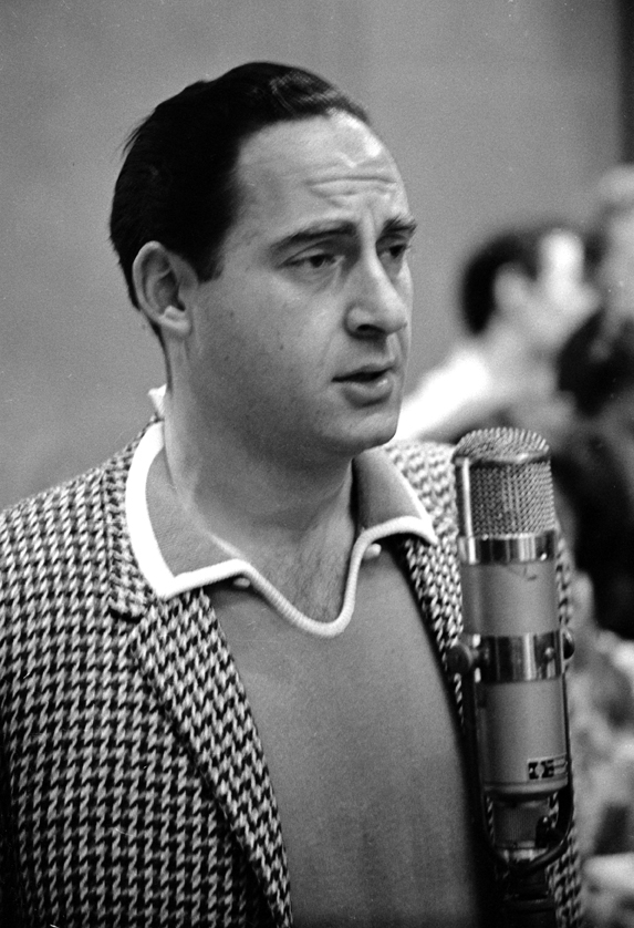 Sid Caesar records a track for the original Broadway cast recording of Cy Coleman, Carolyn Leigh, and Neil Simon&#39;s musical Little Me in 1962.