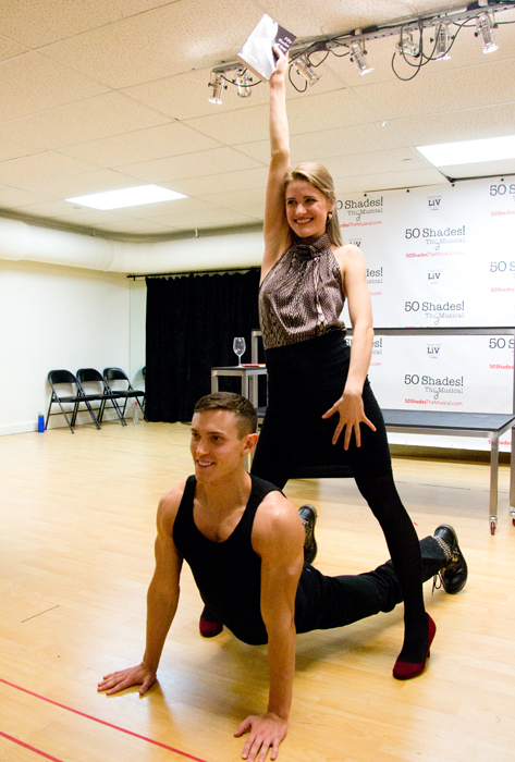 50 Shades! The Musical cast members Alec Varcas and Chloe Williamson strike a pose in rehearsal.