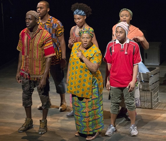 (front, l to r): Rodrick Covington, Melody Betts, Kevin Curtis; (back, l to r): Jamard Richardson, LaTrisa Harper, Aisha Jackson in Witness Uganda, directed by Diane Paulus, at American Repertory Theater.