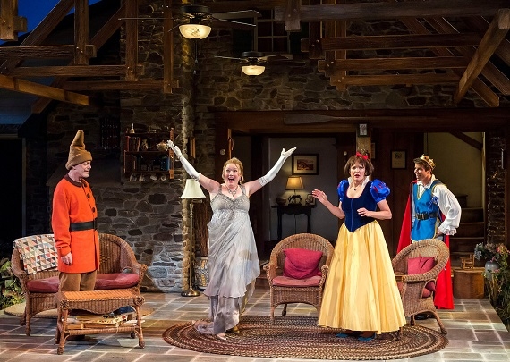 (l-r): Mark Blum as Vanya, Kristine Nielsen as Sonia, Christine Ebersole as Masha, and David Hull as Spike in Christopher Durang's Vanya and Sonia and Masha and Spike, directed by David Hyde Pierce, at Center Theatre Group/Mark Taper Forum in Los Angeles.