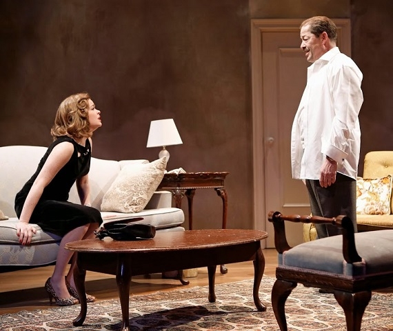 Nicole Lowrance as Betty and Jonathan Hadary as Jerry in the Keen Company&#39;s presentation of Paddy Chayefsky&#39;s Middle of the Night, directed by Jonathan Silverman, at the Clurman Theatre at Theatre Row.