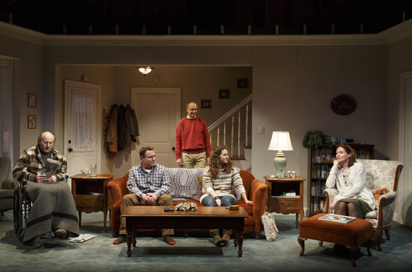 Peter Friedman, Danny McCarthy, Michael Countryman, Hannah Bos, and Carolyn McCormick play the members of an unhappy family in Will Eno&#39;s The Open House, directed by Oliver Butler, at Signature Theatre.