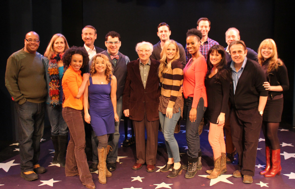 Lyricist Sheldon Harnick (center) with the complete cast of Tenderloin, opening at the York Theatre Company on March 7.