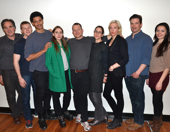 Playwrights Horizons Artistic Director Tim Sanford joins the cast of Your Mother&#39;s Copy of the Kama Sutra — Will Pullen, Maxx Brawer, Sarah Sutherland, Kirk Lynn, Anne Kauffman, Rebecca Henderson, Chris Stack, and Zoë Sophia Garcia — for a family photo.