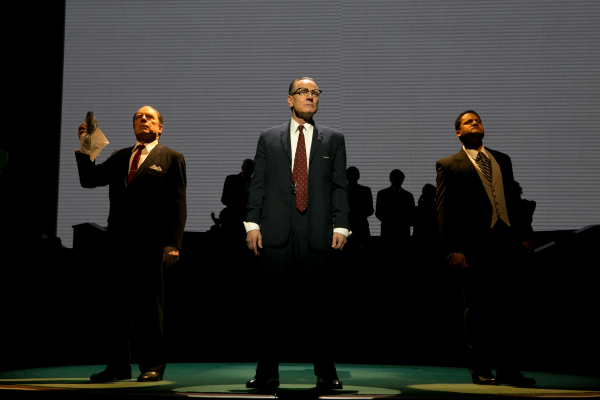 President Lyndon B. Johnson (Bryan Cranston, center) balances the competing interests of J. Edgar Hoover (Michael McKean) and Dr. Martin Luther King Jr. (Brandon J. Dirden) in Robert Schenkkan&#39;s All the Way, directed by Bill Rauch, at the Broadway&#39;s Neil Simon Theatre.