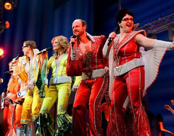 The stars of Mamma Mia! perform the grand finale, &quot;Waterloo,&quot; onstage at the Broadhurst Theatre.