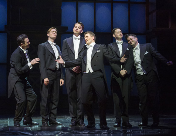 Matt Bailey, Will Taylor, Douglas Williams, Shayne Kennon, Chris Dwan and Will Blum in Harmony, directed by Tony Speciale, at the Ahmanson Theatre.