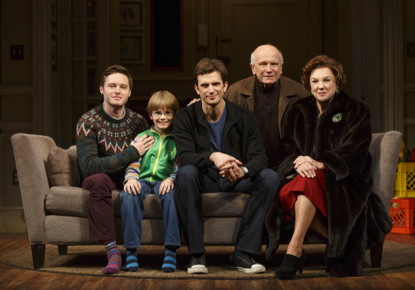 Bobby Steggert, Grayson Taylor, Frederick Weller, playwright Terrence McNally, and Tyne Daly sit for a family portrait on the Broadway set of McNally&#39;s Mothers and Sons. 