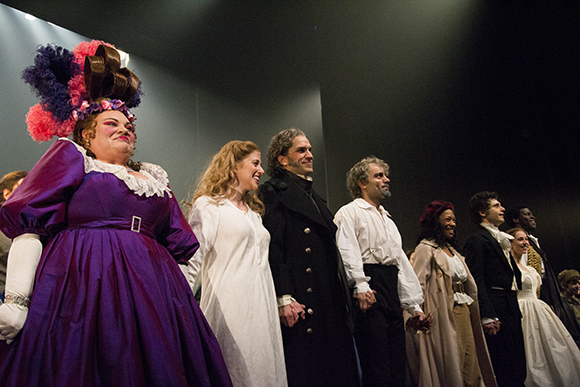 Keala Settle, Caissie Levy, Will Swenson, Ramin Karimloo, Nikki M. James, Andy Mientus, Samantha Hill, and Kyle Scatliffe take their curtain call on the opening night of Les Misérables at the Imperial Theatre.