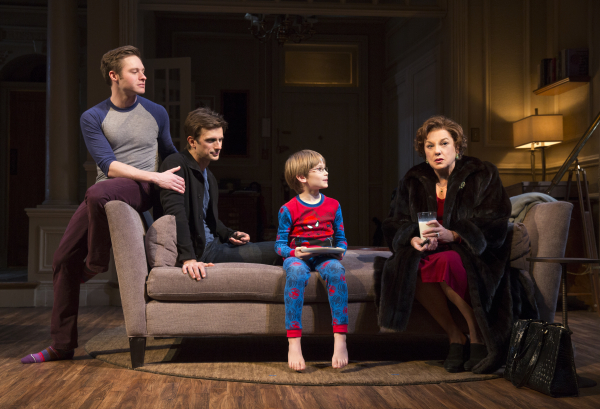 Bobby Steggert as Will, Frederick Weller as Cal, Grayson Taylor as Bud, and Tyne Daly as Katharine in Terrence McNally&#39;s Mothers and Sons, directed by Sheryl Kaller, at the Golden Theatre.