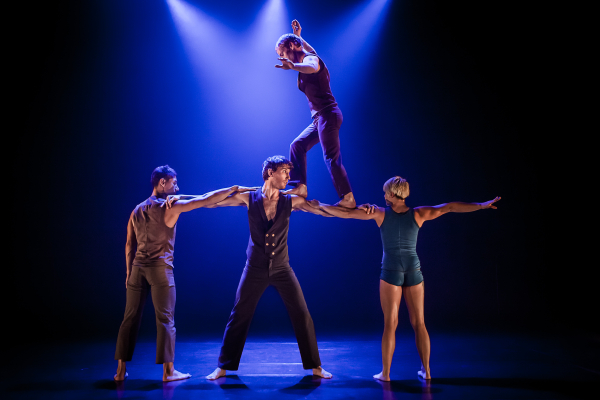 The members of Australian circus company Casus — (top) Lachlan McAulay and (from left) Natano Fa&#39;anana, Jesse Scott, and Emma Serjeant — perform in Knee Deep, at the New Victory Theater.