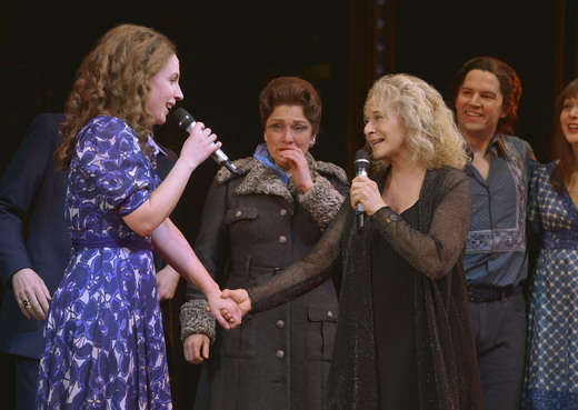 Jessie Mueller and Carole King share a duet onstage after the April 3 performance of Beautiful — The Carole King Musical at the Stephen Sondheim Theatre.