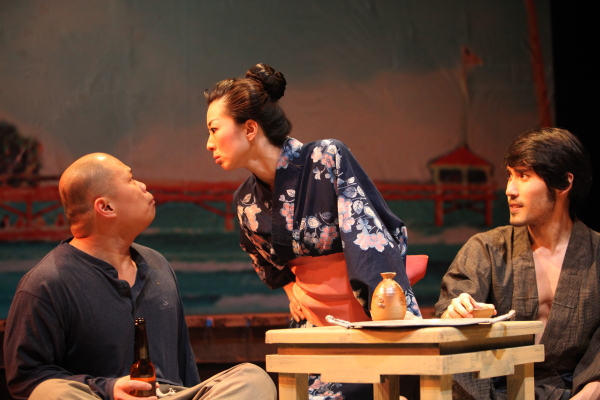 Viet Vo as Nishi, Kiyo Takami as Yamamoto, and Bobby Foley as Aoki in Pan Asian Repertory&#39;s production of Edward Sakamoto&#39;s Fishing for Wives, directed by Ron Nakahar, at the Clurman Theatre at Theatre Row.