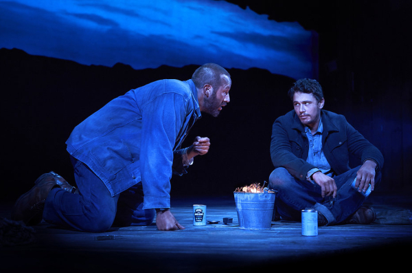 Chris O&#39;Dowd and James Franco play migrant workers Lennie and George in John Steinbeck&#39;s Of Mice and Men, directed by Anna D. Shapiro, at Broadway&#39;s Longacre Theatre. 