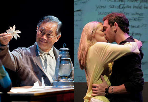 George Takei in Allegiance the Musical and Isabel Richardson and Matt Sax in Found, two plays which have utilized crowdfunding.